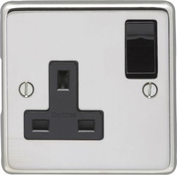 Polished Silver Single Socket, Black Inserts | 13A | Stainless Steel range by Eurolite - PSS1SOB