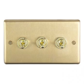Satin Brass Triple Toggle Switch, Matching Inserts and Switches | 2 Way, 10A | Stainless Steel range by Eurolite - SBT3SW