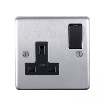 Brushed Steel Single Socket, Black Inserts | 13A | Stainless Steel range by Eurolite - SSS1SOB