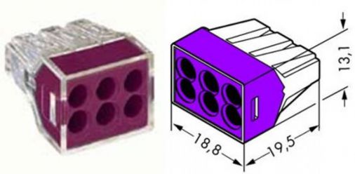 6 Pole Push Wire Cable Connector, 1.5-2.5mm2, 16-14AWG, Violet, Pack of 20