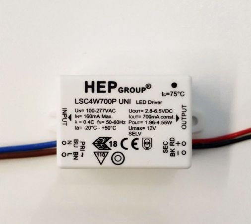 LED Driver CC 700mA 2-4W, 20x27.2x49mm, Class 2, 100-277V AC
