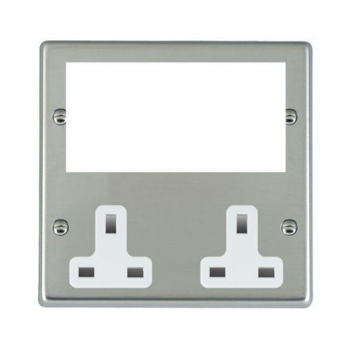 Hamilton 73MED1W Bright Stainless Slim Media Plate, 2 x 13A Unswitched Sockets, White Inserts, 146 x 146mm