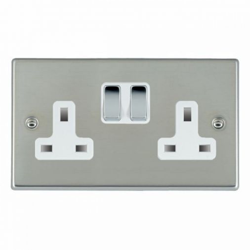 Hamilton 73SS2BC-W Bright Stainless 2 Gang 13A Double Pole Switched Socket, Bright Chrome Inserts, White Surrounds, Slim Plate, 35mm Depth