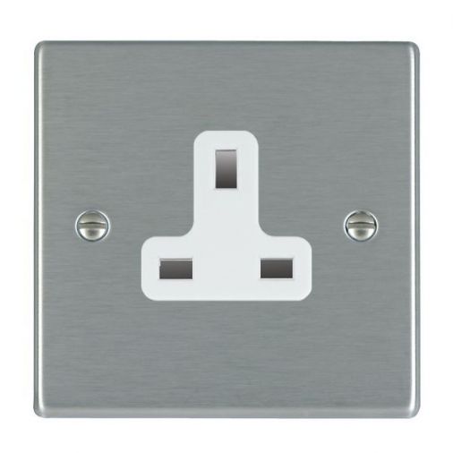 74US13W - Hamilton Hartland 1G 13A Unswitched Socket, White Plastic Inserts, White Surrounds, Satin Stainless, Slim Plate, 35mm Depth
