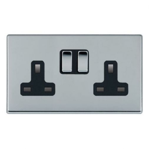 Hamilton 77CSS2BC-B 13A Double Pole Switched Socket, Bright Chrome Inserts, Black Surround, Slim Plate, Hartland CFX, Screwless
