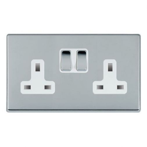 Hamilton 77CSS2BC-W 13A Double Pole Switched Socket, Bright Chrome Inserts, White Surrounds, Slim Plate, 35mm Depth