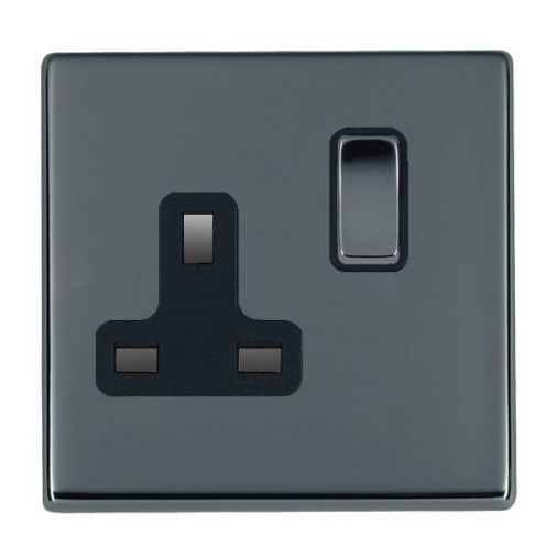 Hamilton 78CSS1BK-B 13A Double Pole Switched Socket, Black Nickel Inserts, Black Surrounds, Slim Plate, 35mm Depth