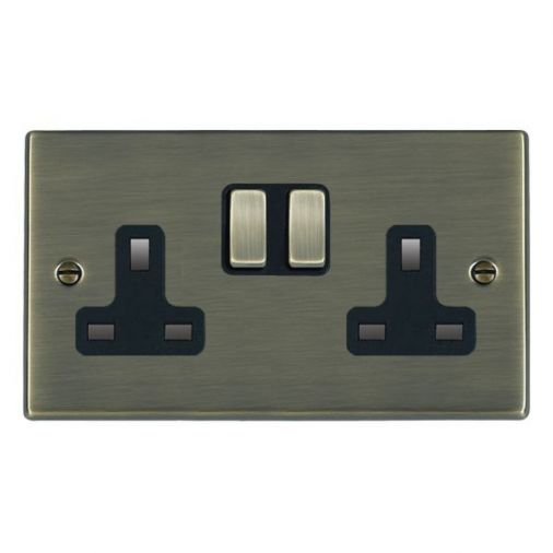 79SS2AB-B - Hamilton 13A Double Pole Switched Socket, Antique Brass Inserts, Black Surround, Slim Plate, 35mm Depth