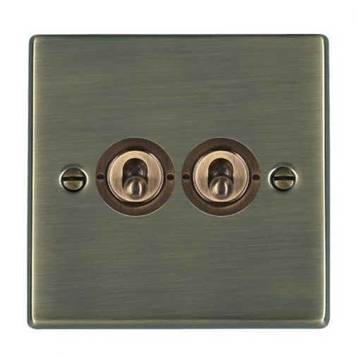 Hamilton 79T22 2 Gang 20AX 2 Way Toggle Switch, Antique Brass Finish, Slim Plate, 35mm Depth