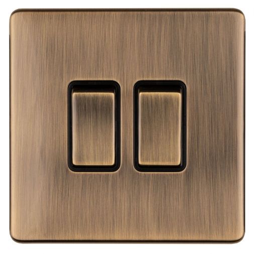 Antique Brass Double Light Switch with Matching Switches, Black Inserts | 2 Way, 10A | Concealed 3mm range by Eurolite - AB2SWB