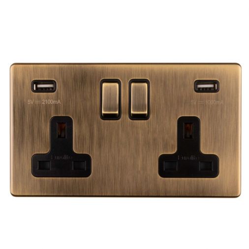 Antique Brass 3.1A USB Double Socket, Black Inserts | 13A | USB-A | Concealed 3mm range by Eurolite - AB2USBB