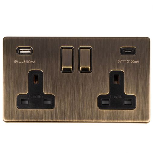 Antique Brass 3.1A USB Double Socket, Black Inserts | 13A | USB-A & USB-C | Concealed 3mm range by Eurolite - AB2USBCB