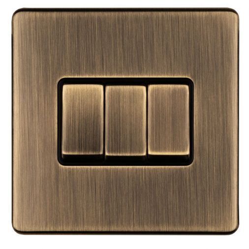 Antique Brass Triple Light Switch with Matching Switches, Black Inserts | 2 Way, 10A | Concealed 3mm range by Eurolite - AB3SWB