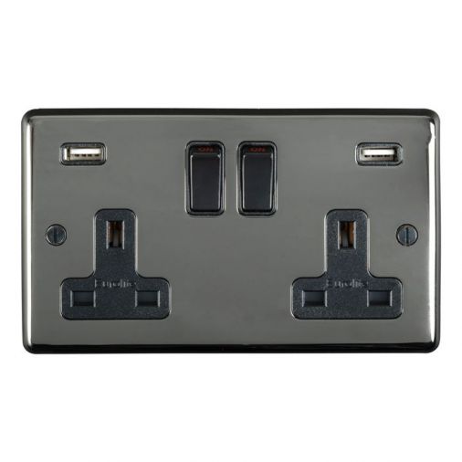 Black Nickel 3.1A USB Double Socket, Black Inserts | 13A | USB-A | Stainless Steel range by Eurolite - BN2USBB