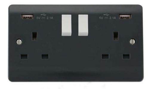 Scolmore CMA780AG 2 Gang Switched Socket with Twin USB Outlets, Black Nickel Finish