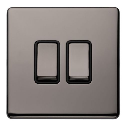 Black Nickel Double Light Switch with Matching Switches, Black Inserts | 2 Way, 10A | Concealed 3mm range by Eurolite - ECBN2SWB