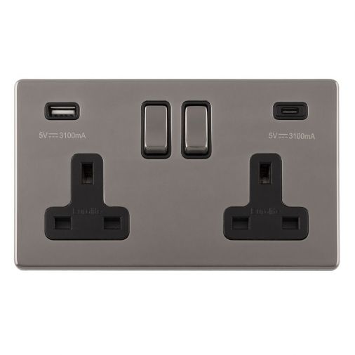Black Nickel 3.1A USB Double Socket, Black Inserts | 13A | USB-A & USB-C | Concealed 3mm range by Eurolite - ECBN2USBCB