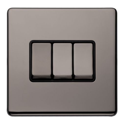 Black Nickel Triple Light Switch with Matching Switches, Black Inserts | 2 Way, 10A | Concealed 3mm range by Eurolite - ECBN3SWB