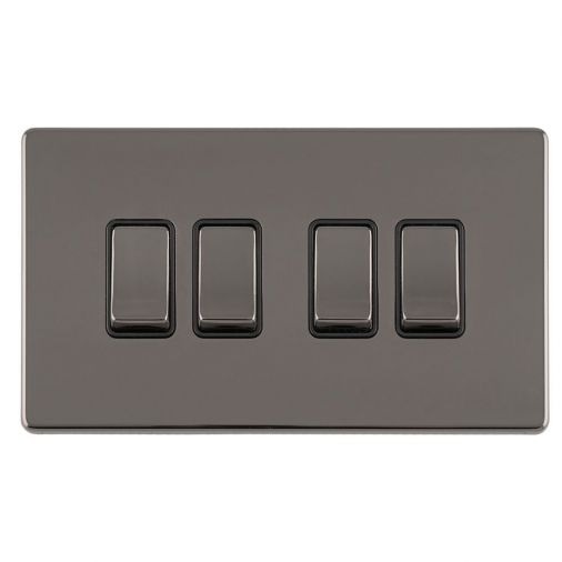 Black Nickel 4 Gang Light Switch with Matching Switches, Black Inserts | 2 Way, 10A | Concealed 3mm range by Eurolite - ECBN4SWB