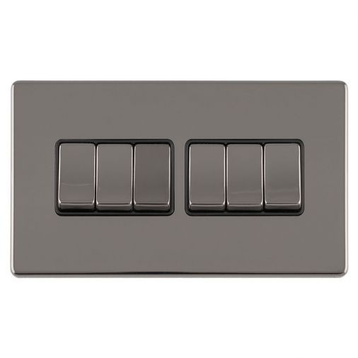 Black Nickel 6 Gang Light Switch with Matching Switches, Black Inserts | 2 Way, 10A | Concealed 3mm range by Eurolite - ECBN6SWB