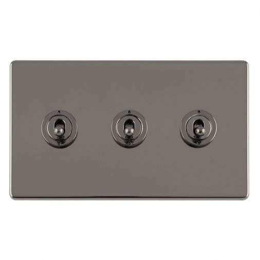 Black Nickel Triple Toggle Switch, Black Inserts and Matching Switches | 2 Way, 10A | Concealed 3mm range by Eurolite - ECBNT3SW