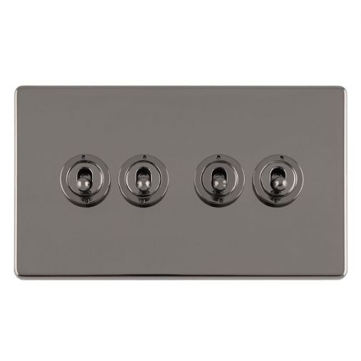 Black Nickel 4 Gang Toggle Switch, Black Inserts and Matching Switches | 2 Way, 10A | Concealed 3mm range by Eurolite - ECBNT4SW