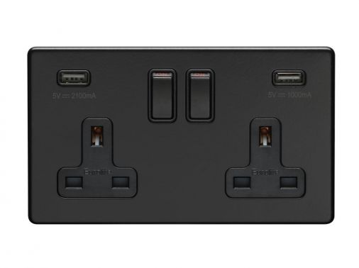 Matt Black 3.1A USB Double Socket, Black Inserts | 13A | USB-A | Concealed 3mm range by Eurolite - ECMB2USBB