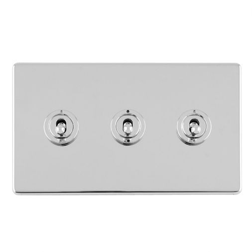Polished Silver Triple Toggle Switch, Matching Inserts and Switches | 2 Way, 10A | Concealed 3mm range by Eurolite - ECPCT3SW