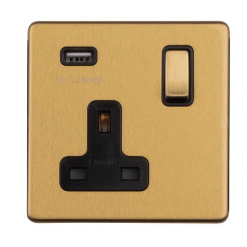 Satin Brass 2.1A USB Single Socket, Black Inserts | 13A | USB-A | Concealed 3mm range by Eurolite - ECSB1USBB