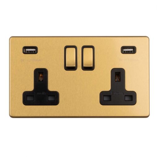 Satin Brass 3.1A USB Double Socket, Black Inserts | 13A | USB-A | Concealed 3mm range by Eurolite - ECSB2USBB