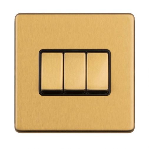 Satin Brass Triple Light Switch with Matching Switches, Black Inserts | 2 Way, 10A | Concealed 3mm range by Eurolite - ECSB3SWB
