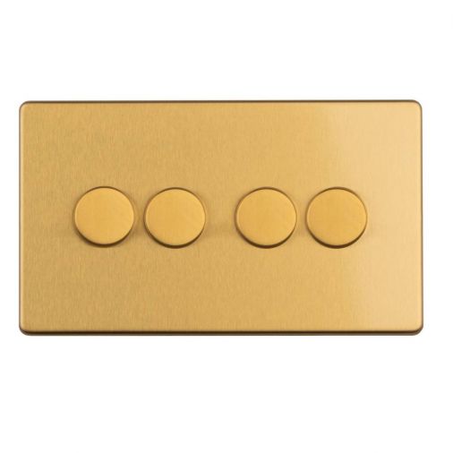 Satin Brass LED/Incandescent 4 Gang Dimmer Switch with Matching Knob | 2 Way, 400W | Concealed 3mm range by Eurolite - ECSB4DLED