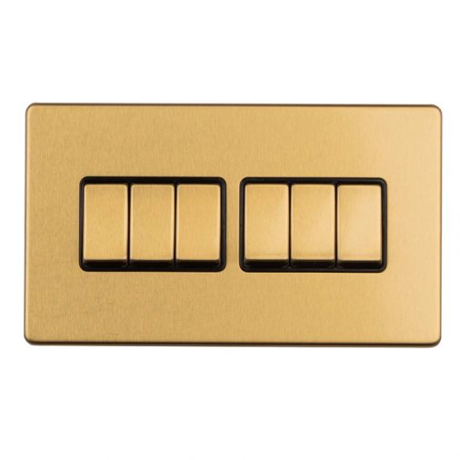 Satin Brass 6 Gang Light Switch with Matching Switches, Black Inserts | 2 Way, 10A | Concealed 3mm range by Eurolite - ECSB6SWB