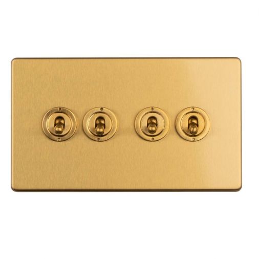 Satin Brass 4 Gang Toggle Switch, Matching Inserts and Switches | 2 Way, 10A | Concealed 3mm range by Eurolite - ECSBT4SW