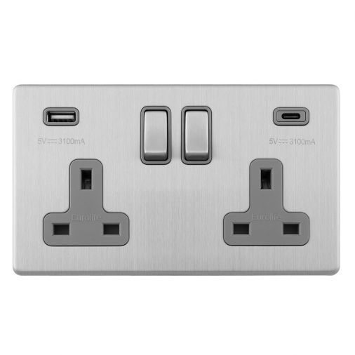 Brushed Steel 3.1A USB Double Socket, Grey Inserts | 13A | USB-A & USB-C | Concealed 3mm range by Eurolite - ECSS2USBCG