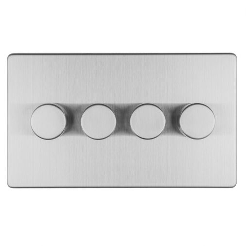 Brushed Steel LED/Incandescent 4 Gang Dimmer Switch with Matching Knob | 2 Way, 400W | Concealed 3mm range by Eurolite - ECSS4DLED