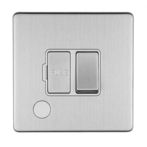 Eurolite 13Amp Switched Fused Spur With Flex Outlet Flat Concealed Satin Stainless Plate Matching Rocker White Trim - ECSSSWFFOW