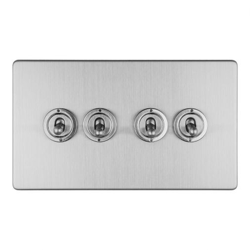 Brushed Steel 4 Gang Toggle Switch, Grey Inserts | 2 Way, 10A | Concealed 3mm range by Eurolite - ECSST4SW