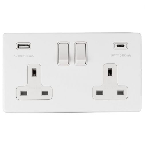 White 3.1A USB Double Socket, Matching Inserts | 13A | USB-A & USB-C | Concealed 3mm range by Eurolite - ECW2USBCW