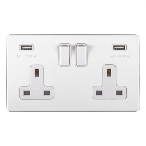 White 3.1A USB Double Socket, Matching Inserts | 13A | USB-A | Concealed 3mm range by Eurolite - ECW2USBW