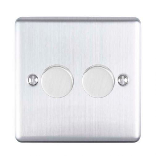 Brushed Steel LED/Incandescent Double Dimmer Switch with Matching Knob | 2 Way, 400W | Enhance Decorative range by Eurolite - EN2DLEDSS