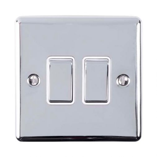 Polished Silver Double Light Switch with Matching Switches, White Inserts | 2 Way, 10A | Enhance Decorative range by Eurolite - EN2SWPCW