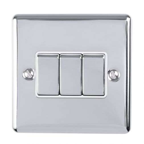 Polished Silver Triple Light Switch with Matching Switches, White Inserts | 2 Way, 10A | Enhance Decorative range by Eurolite - EN3SWPCW