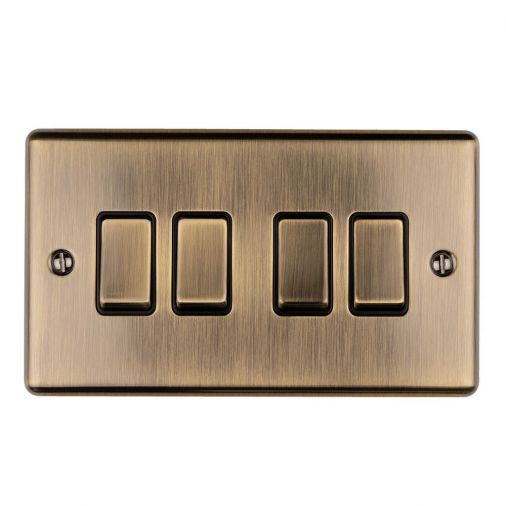 Antique Brass 4 Gang Light Switch with Matching Switches, Black Inserts | 2 Way, 10A | Enhance Decorative range by Eurolite - EN4SWABB