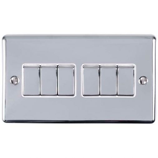 Polished Silver 6 Gang Light Switch with Matching Switches, White Inserts | 2 Way, 10A | Enhance Decorative range by Eurolite - EN6SWPCW