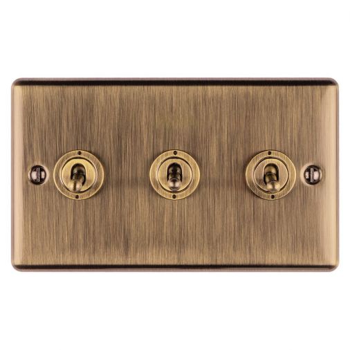 Antique Brass Triple Toggle Switch, Matching Inserts and Switches | 2 Way, 10A | Enhance Decorative range by Eurolite - ENT3SWABB