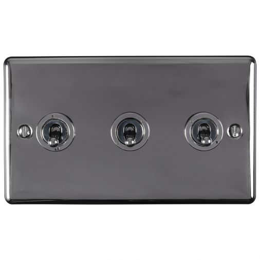 Black Nickel Triple Toggle Switch, Black Inserts and Matching Switches | 2 Way, 10A | Enhance Decorative range by Eurolite - ENT3SWBN
