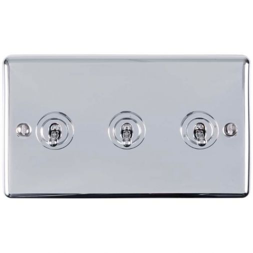 Polished Silver Triple Toggle Switch, Matching Inserts and Switches | 2 Way, 10A | Enhance Decorative range by Eurolite - ENT3SWPC