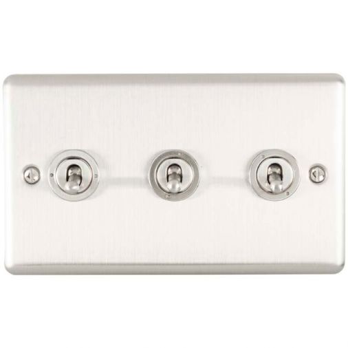Brushed Steel Triple Toggle Switch, Grey Inserts | 2 Way, 10A | Enhance Decorative range by Eurolite - ENT3SWSS