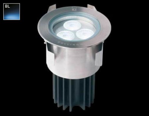 7W LED Ground Light, Stainless Steel, Blue LED, 12 Deg Beam, IP68, 76mm Diameter